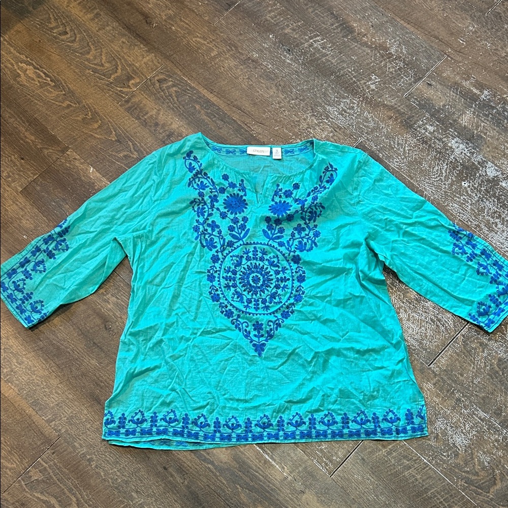 Chico's Turquoise Tunic with Blue Embroidery Sheer Size 3 Boho Tropical